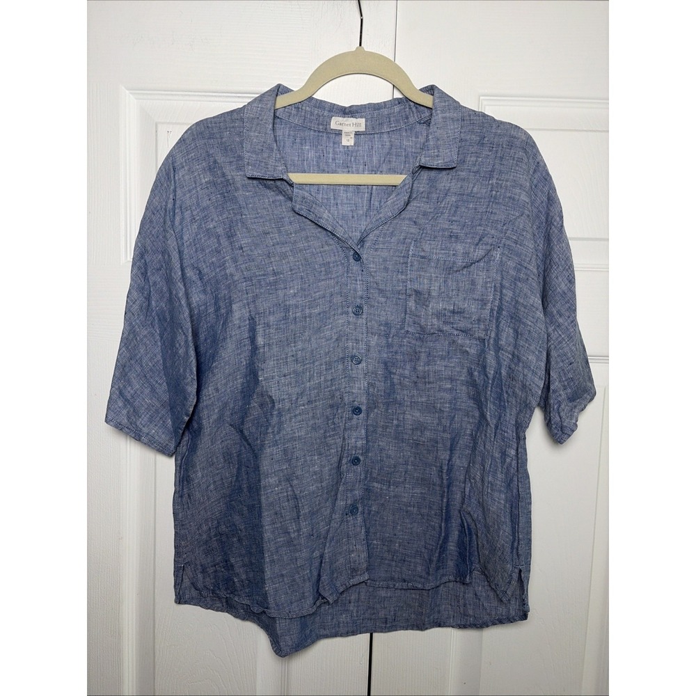 Garnet Hill Linen Button Down Shirt Womens Size‎ 12 Blue Short Sleeve Casual Top